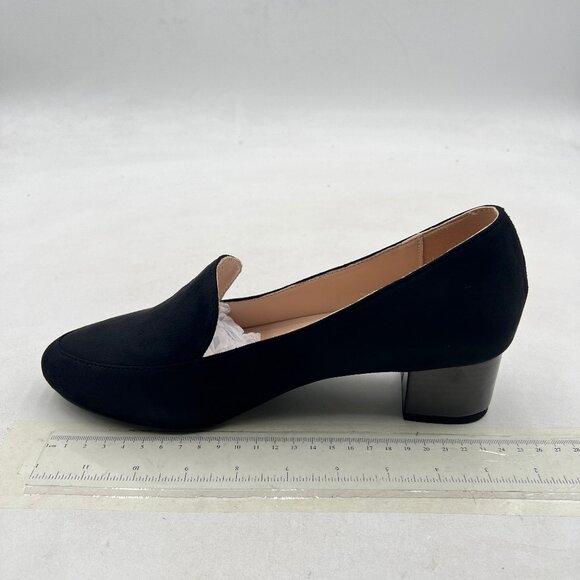 FOWT Black Suede Slip On Side V Cut Loafers Almond Toe Chunky Heel Pumps - Picture 2 of 8